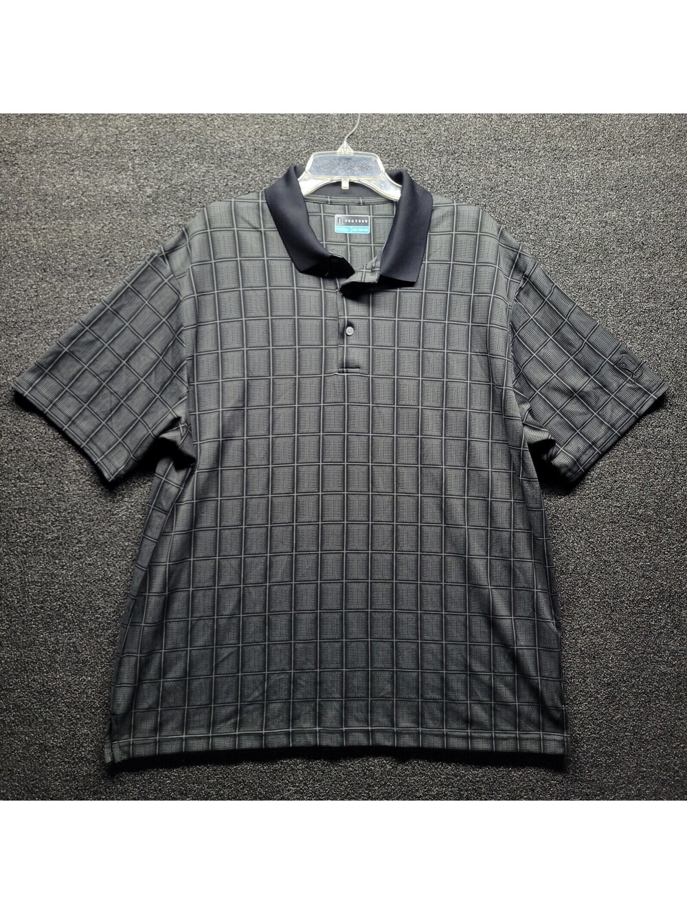 PGA Tour Polo Shirt Men's Sz 2XL Black Grey Short Sleeve Geometric Box Print
